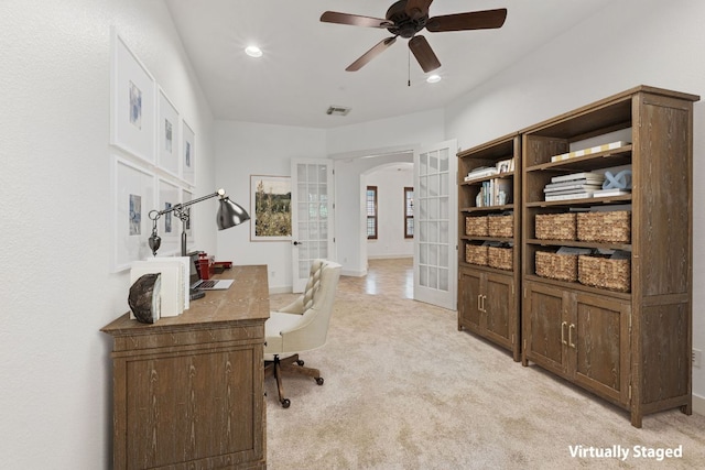 1036 Liberty Park Dr Unit 3, Austin, TX 78746 - office area featuring arched walkways, french doors, light colored carpet, ceiling fan, and recessed lighting