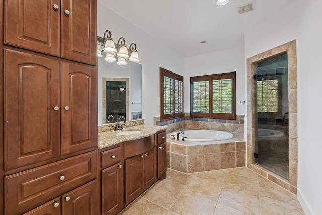 1036 Liberty Park Dr Unit 3, Austin, TX 78746 - full bathroom featuring a bath, vanity, a stall shower, and tile patterned flooring