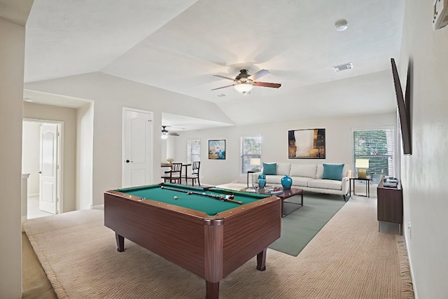 6611 Haughton Dr, Spring, TX 77389 - recreation room featuring vaulted ceiling, ceiling fan, billiards table, and light carpet