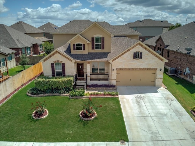 3107 Magnolia Mnr, New Braunfels, TX 78130 - french provincial home featuring central air condition unit, driveway, stone siding, a shingled roof, and a garage