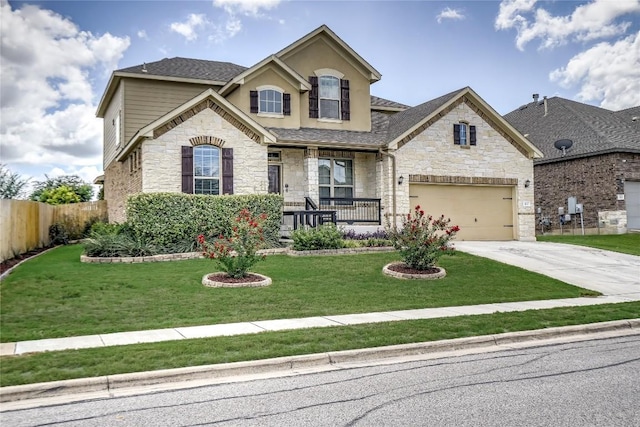 3107 Magnolia Mnr, New Braunfels, TX 78130 - view of front of house featuring stone siding, driveway, covered porch, and a garage