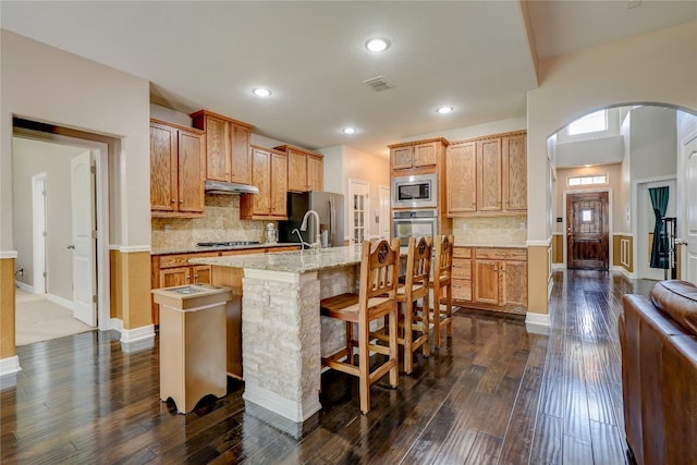 3107 Magnolia Mnr, New Braunfels, TX 78130 - kitchen featuring appliances with stainless steel finishes, under cabinet range hood, arched walkways, dark wood finished floors, and tasteful backsplash