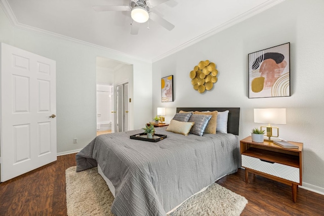 3840 Far W Blvd Unit 213, Austin, TX 78731 - bedroom featuring ornamental molding, wood finished floors, baseboards, connected bathroom, and a ceiling fan