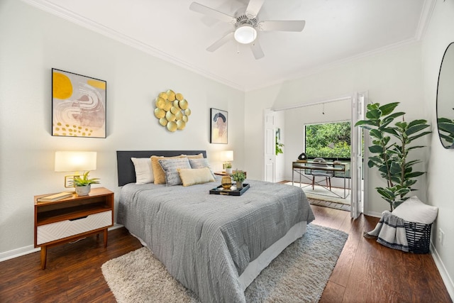 3840 Far W Blvd Unit 213, Austin, TX 78731 - bedroom with wood finished floors, crown molding, access to exterior, and ceiling fan