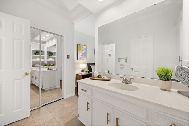 3840 Far W Blvd Unit 213, Austin, TX 78731 - bathroom featuring vanity, crown molding, and tile patterned flooring