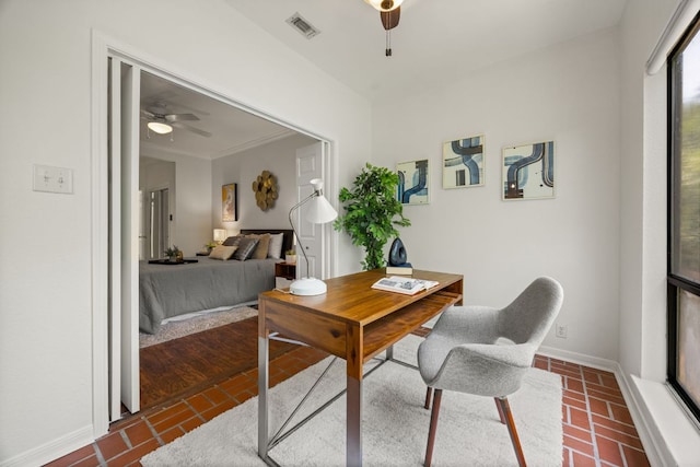 3840 Far W Blvd Unit 213, Austin, TX 78731 - home office featuring brick floors and a ceiling fan