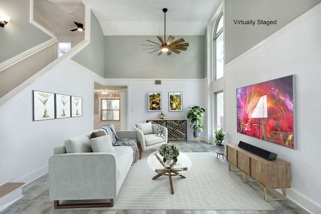 1506 Spiderlily Vw, Cedar Park, TX 78613 - living area with high vaulted ceiling, ceiling fan, and baseboards