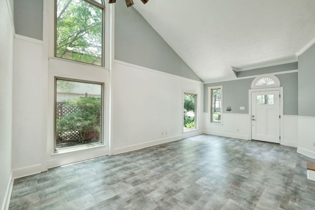 1506 Spiderlily Vw, Cedar Park, TX 78613 - unfurnished living room featuring high vaulted ceiling, ceiling fan, a wainscoted wall, and wood finished floors