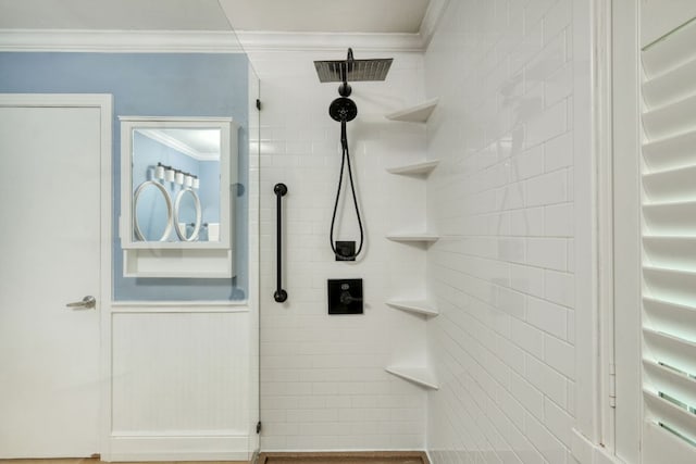 1506 Spiderlily Vw, Cedar Park, TX 78613 - full bathroom with ornamental molding and a tile shower