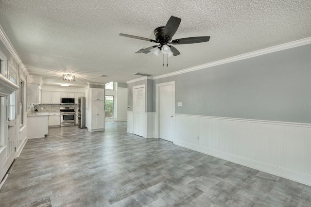 1506 Spiderlily Vw, Cedar Park, TX 78613 - unfurnished living room with a textured ceiling, ceiling fan, a wainscoted wall, ornamental molding, and wood finished floors