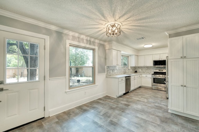 1506 Spiderlily Vw, Cedar Park, TX 78613 - kitchen with stainless steel appliances, a sink, crown molding, a textured ceiling, and light countertops