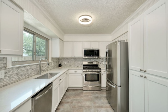 1506 Spiderlily Vw, Cedar Park, TX 78613 - kitchen with appliances with stainless steel finishes, a sink, a textured ceiling, backsplash, and white cabinetry