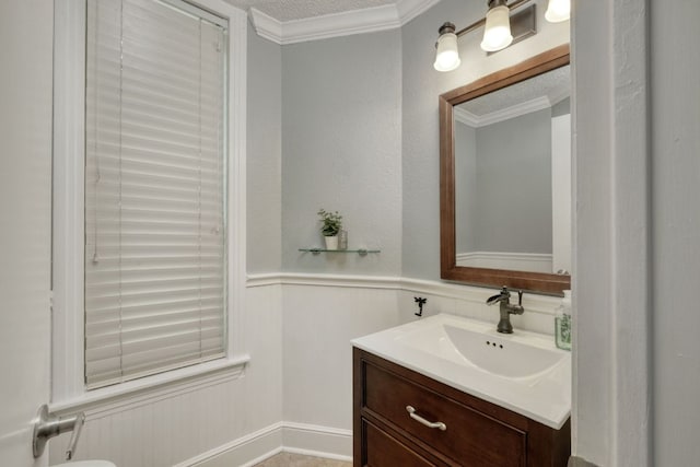 1506 Spiderlily Vw, Cedar Park, TX 78613 - half bathroom with vanity, crown molding, a wainscoted wall, and a textured ceiling