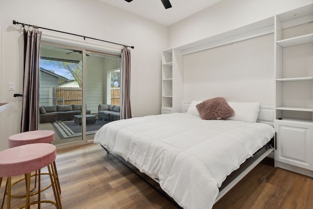 800 Newcastle Dr, Austin, TX 78745 - bedroom featuring access to outside, light wood-style floors, and ceiling fan