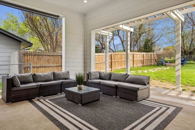 800 Newcastle Dr, Austin, TX 78745 - fenced backyard with an outdoor living space and a patio