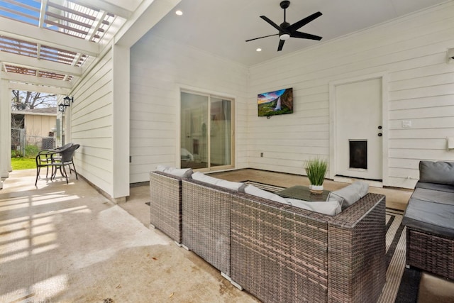 800 Newcastle Dr, Austin, TX 78745 - view of patio / terrace featuring an outdoor living space, a pergola, and a ceiling fan