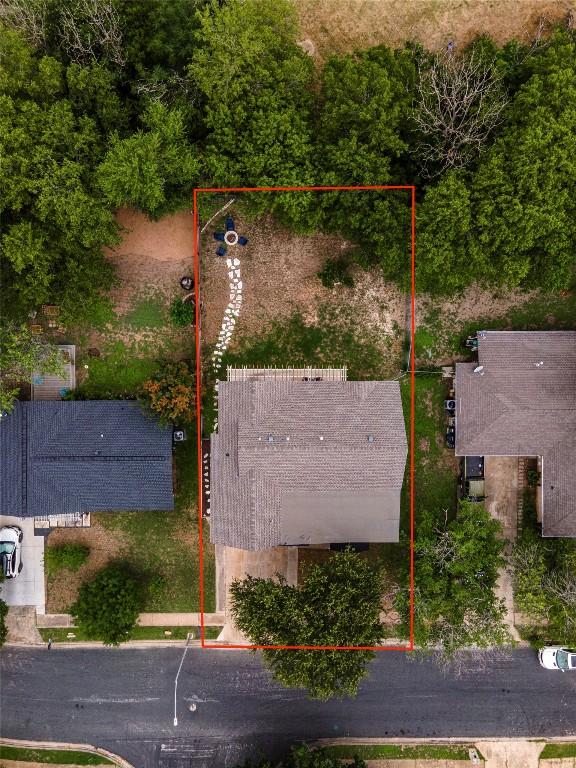 800 Newcastle Dr, Austin, TX 78745 - aerial overview of property's location featuring property parcel outlined