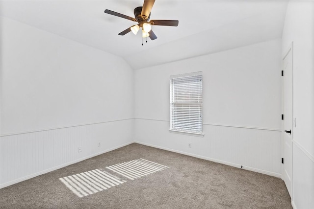 250 Maeves Way, Austin, TX 78737 - carpeted empty room featuring vaulted ceiling, ceiling fan, and baseboards