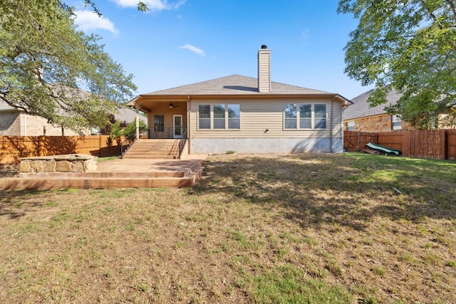 250 Maeves Way, Austin, TX 78737 - rear view of property with a ceiling fan, a chimney, and a patio area