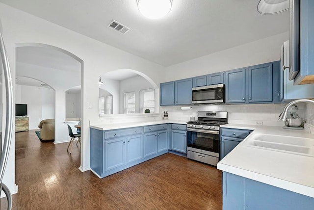 808 N Creek Blvd, Leander, TX 78641 - kitchen with stainless steel appliances, a sink, blue cabinets, light countertops, and dark wood finished floors