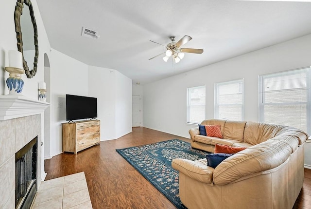 808 N Creek Blvd, Leander, TX 78641 - living room with a ceiling fan, a fireplace, and wood finished floors