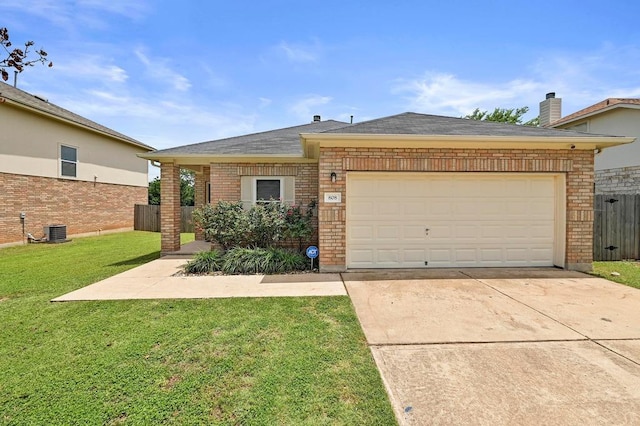 808 N Creek Blvd, Leander, TX 78641 - ranch-style house with brick siding, driveway, an attached garage, central AC unit, and a shingled roof