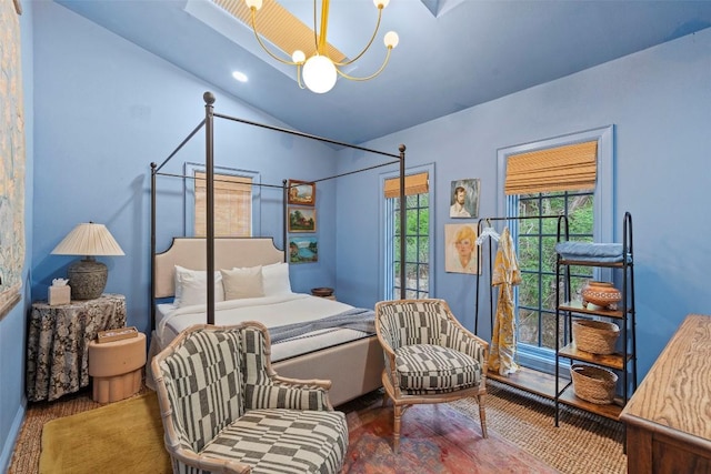 6203 Ledge Mountain Dr, Austin, TX 78731 - bedroom featuring a chandelier and lofted ceiling