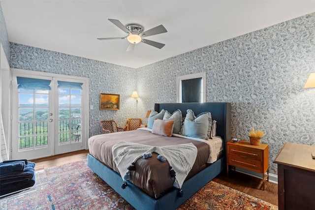 6203 Ledge Mountain Dr, Austin, TX 78731 - bedroom with access to outside, wallpapered walls, dark wood-style flooring, and a ceiling fan