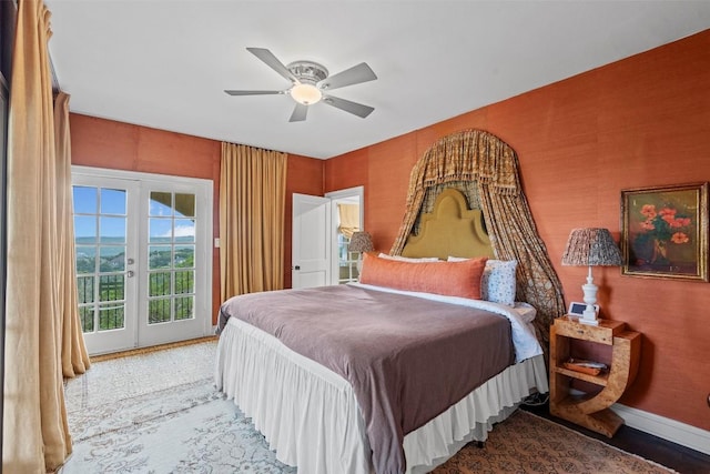 6203 Ledge Mountain Dr, Austin, TX 78731 - bedroom with access to exterior, baseboards, french doors, and a ceiling fan