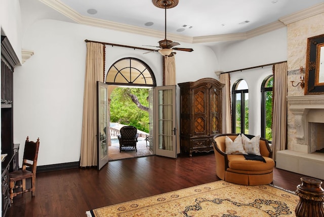 4256 Fischer Store Rd, Wimberley, TX 78676 - entryway with wood finished floors, ceiling fan, ornamental molding, and a high end fireplace