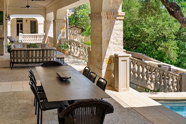 4256 Fischer Store Rd, Wimberley, TX 78676 - view of patio with a ceiling fan, outdoor dining area, an outdoor pool, and an outdoor living space
