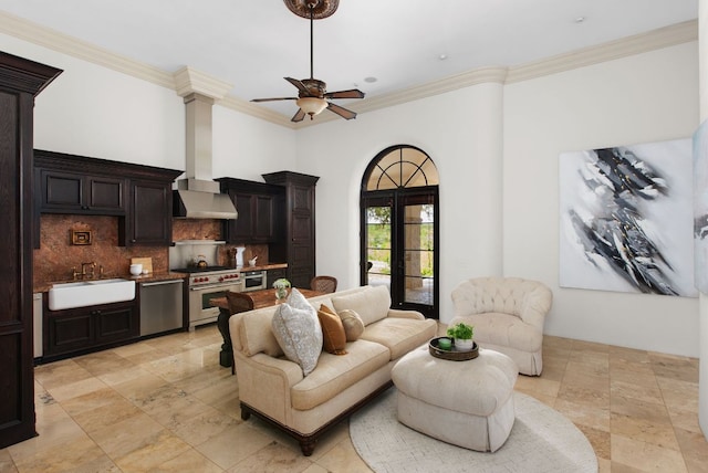 4256 Fischer Store Rd, Wimberley, TX 78676 - living room with ceiling fan and crown molding