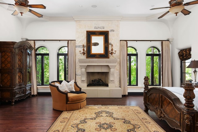 4256 Fischer Store Rd, Wimberley, TX 78676 - living area with ceiling fan, healthy amount of natural light, dark wood-style flooring, a large fireplace, and crown molding