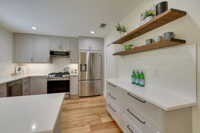 12801 Oak Bend Cv, Austin, TX 78727 - kitchen featuring stainless steel appliances, open shelves, decorative backsplash, light wood finished floors, and recessed lighting