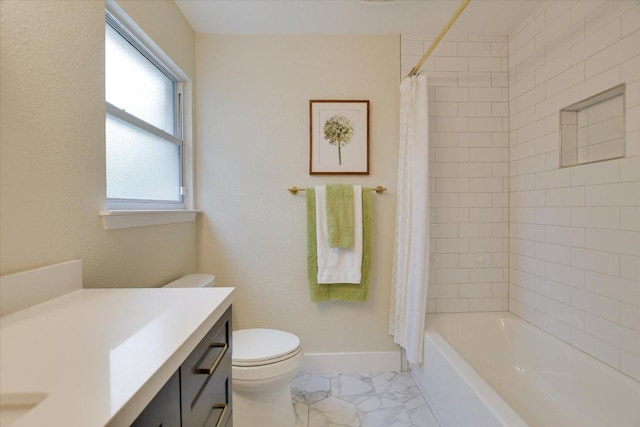 12801 Oak Bend Cv, Austin, TX 78727 - full bath featuring vanity, shower / tub combo, and marble look tile flooring