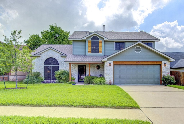 14309 Richard Walker Blvd, Austin, TX 78728 - traditional home with stone siding, a shingled roof, driveway, and an attached garage
