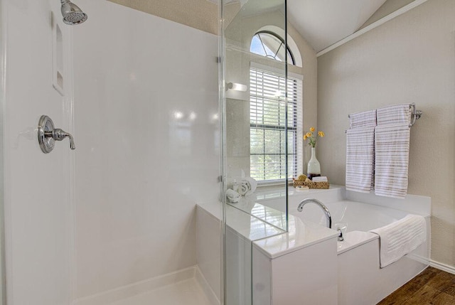 14309 Richard Walker Blvd, Austin, TX 78728 - full bathroom with a shower stall, lofted ceiling, and a bath