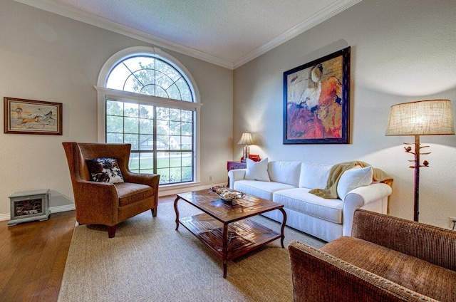 14309 Richard Walker Blvd, Austin, TX 78728 - living room featuring hardwood / wood-style flooring, ornamental molding, healthy amount of natural light, baseboards, and a textured ceiling