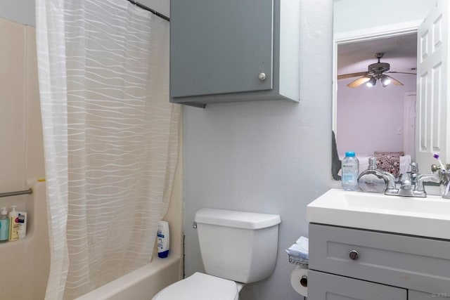 2903 W Slaughter Ln, Austin, TX 78748 - bathroom featuring vanity, toilet, shower / bath combo with shower curtain, and a ceiling fan