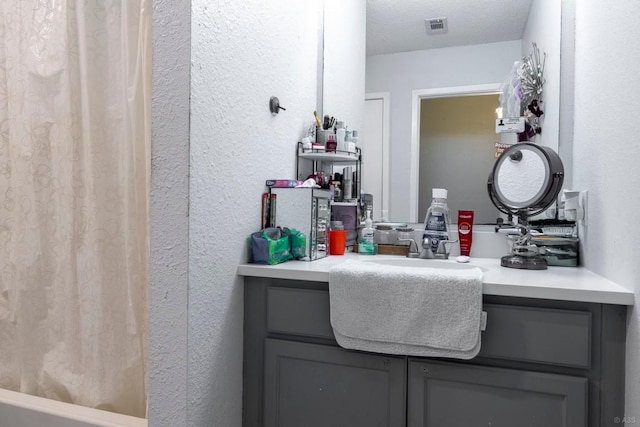 2903 W Slaughter Ln, Austin, TX 78748 - full bath with vanity, a textured wall, and shower / bath combo with shower curtain