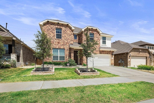 2404 Clear Pond Vw W, Leander, TX 78641 - traditional home with concrete driveway, brick siding, a front lawn, and a garage