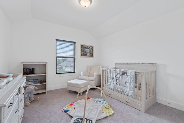104 Meadow Wood Cv, Georgetown, TX 78626 - bedroom featuring lofted ceiling, carpet, and baseboards