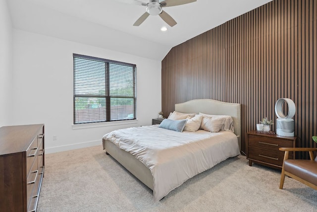 104 Meadow Wood Cv, Georgetown, TX 78626 - bedroom with light colored carpet, vaulted ceiling, baseboards, ceiling fan, and recessed lighting
