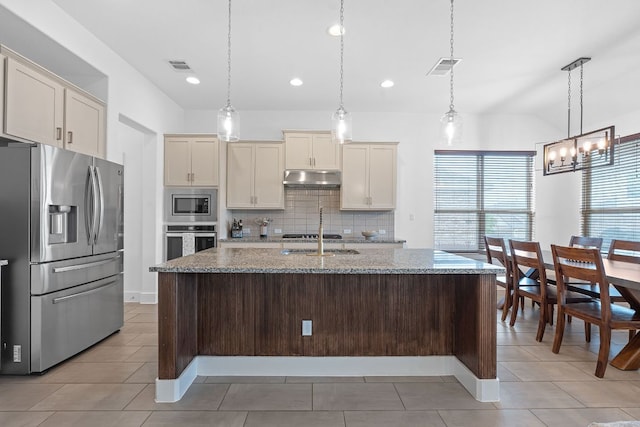 104 Meadow Wood Cv, Georgetown, TX 78626 - kitchen featuring stainless steel appliances, under cabinet range hood, tasteful backsplash, lofted ceiling, and a chandelier