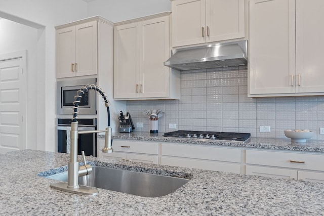 104 Meadow Wood Cv, Georgetown, TX 78626 - kitchen featuring range hood, stainless steel appliances, a sink, and decorative backsplash