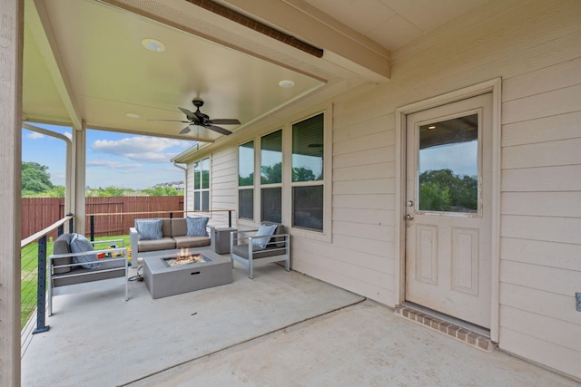 104 Meadow Wood Cv, Georgetown, TX 78626 - view of patio / terrace featuring ceiling fan and an outdoor living space with a fire pit