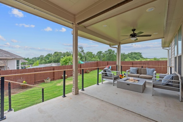 104 Meadow Wood Cv, Georgetown, TX 78626 - view of patio / terrace with ceiling fan and an outdoor living space with a fire pit