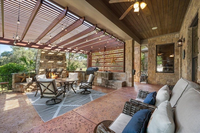 102 Standing Oak Dr, Georgetown, TX 78633 - view of patio with a pergola, a ceiling fan, an outdoor living space with a fireplace, and area for grilling