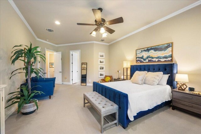 102 Standing Oak Dr, Georgetown, TX 78633 - bedroom with light carpet, ornamental molding, a ceiling fan, and recessed lighting