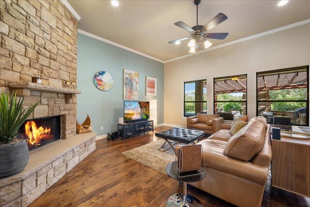 102 Standing Oak Dr, Georgetown, TX 78633 - living room featuring ornamental molding, wood finished floors, ceiling fan, a fireplace, and healthy amount of natural light